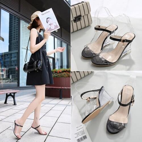 PVC Sandals Shoes Big Size Slingback Stilettos Transparent Crystal Pumps Shoes Summer Women Slope High Heel