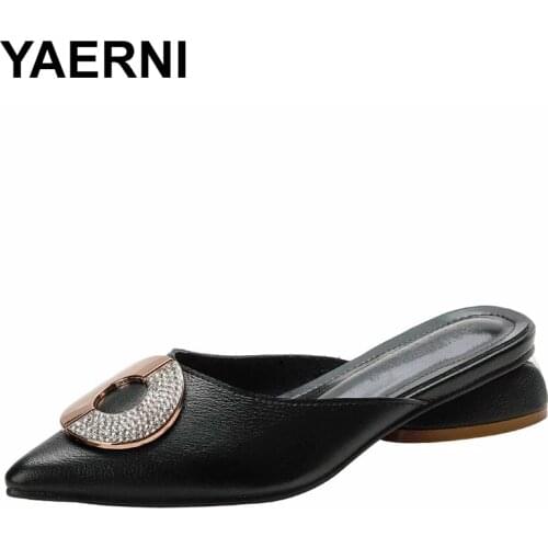 YAERNIcrystal round buckle slippers women pointy quality leather slides shoes low heel solid color mules ladies chunky slippers