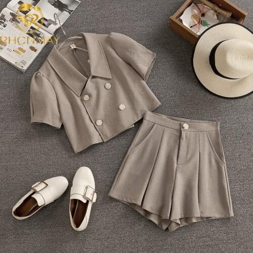 Korean Chic Retro Lapel DoubleBreasted Short Suit Jacket + High Waist Slim Pleated Wide Leg Shorts Lady Two piece set Female