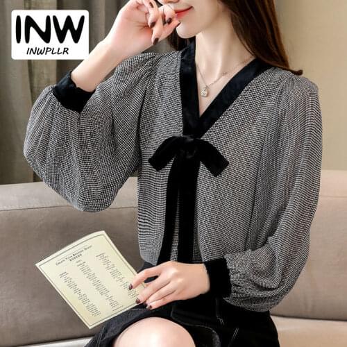 Black Plaid Shirts Women Autumn Bow V-Neck Blouses Womens Tops Elegant Long Sleeve Chiffon Blouse Autumn Tops Blusas Mujer 2019