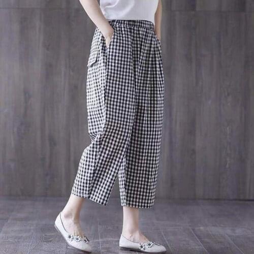 Hot Summer Vintage Plaid Check Pants for Women Loose Cotton Linen Leg-Pant Plus Size with Pocket Casual Trousers Elastic Waist