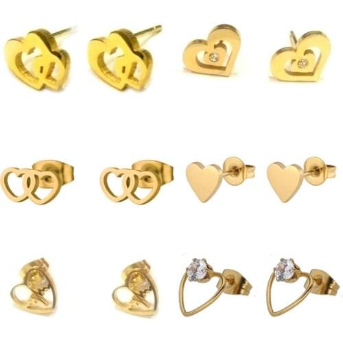FairLadyHood 2018 Heart Earrings Sets 316L Stainless Steel Gold With Charm Crystal Stud Earring For Women/Girl 6pairs/Sets