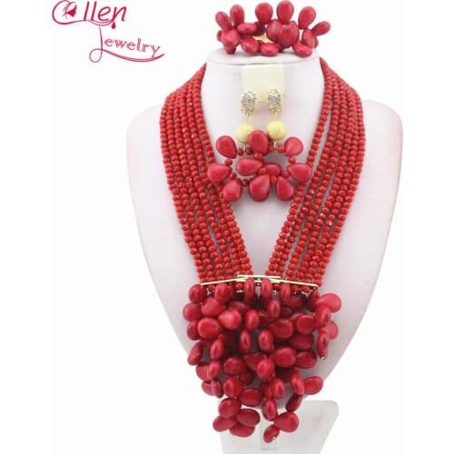 Rose Costume African Beads Jewelry Set Nigerian wedding bridal dubai Crystal Beads women statement Necklace Set W10877