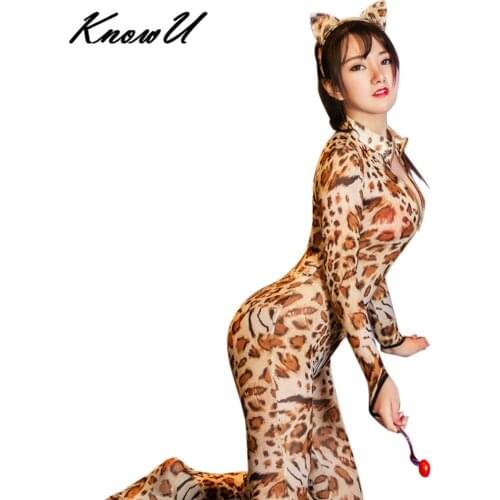 KnowU Catsuit Leopard Full Bodysuit Cat Lady Zentai Women Fancy Mesh Suit Sexy Dancing Costume Adult Jumpsuit Crossplay