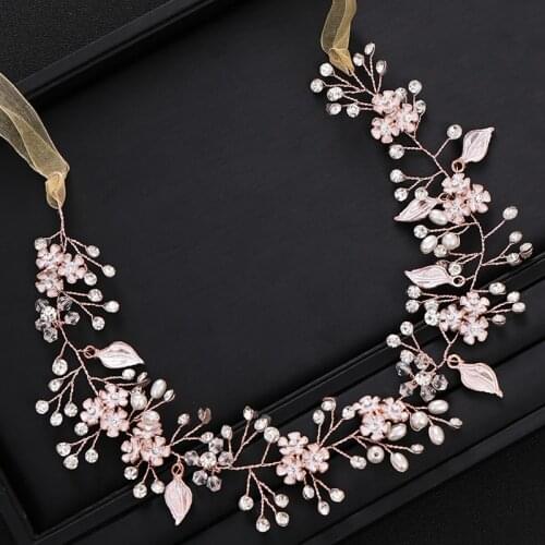 Trendy Rose Gold Crystal Pearl Headband for Bridal Headpiece tiara Flower Hair Vine Bridal Wedding Hair Jewelry Accessories