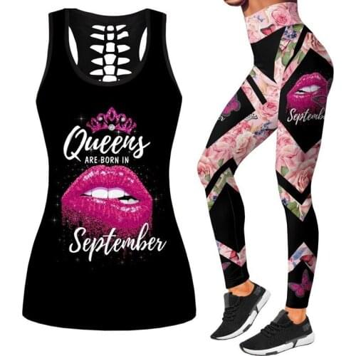 Fashion color printing casual suit womens waist waist U-neck sports top vest high-waist trousers