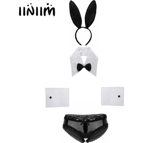 Womens Rabbit Ears Headband Collar Bowtie Cuffs Lingerie Set and Wet Look Patent Leather Lace Open Crotch V-Back Mini Briefs