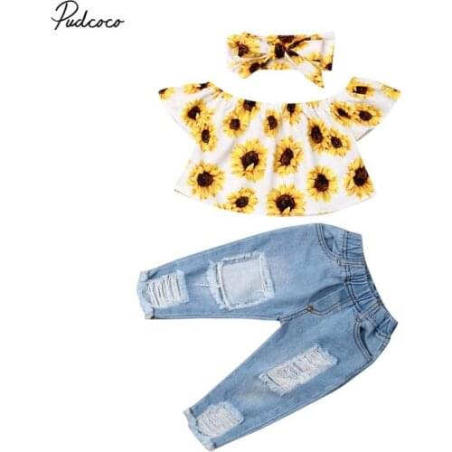 2019 Brand Toddler Baby Girl Clothes Sunflower Vest Tops Blouse+Holes Denim Pants 3PCS Outfit Summer Holiday Clothing Set New