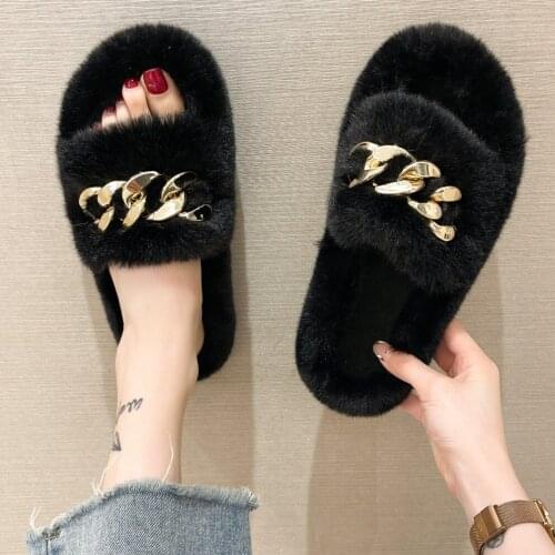 2021 Fluffy Home Slippers Women Faux Fur Slippers Cozy Furry Slides Open Toe Slip-On Soft Slippers House Floor Plush Warm Shoes