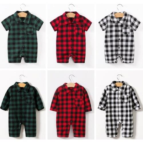 Summer 2021 Baby Boys Romper Cotton Short Sleeve Cotton Turn-down Collar Plaid Jumpsuits Casual Toddler Boys Costume For 6-12m