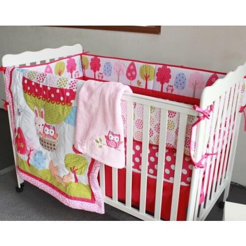 Cartoon 7pcs Appliqued Baby Cot Crib Bedding set for girls Comforter / Quilt Fitted Sheet Bumpers Skirt