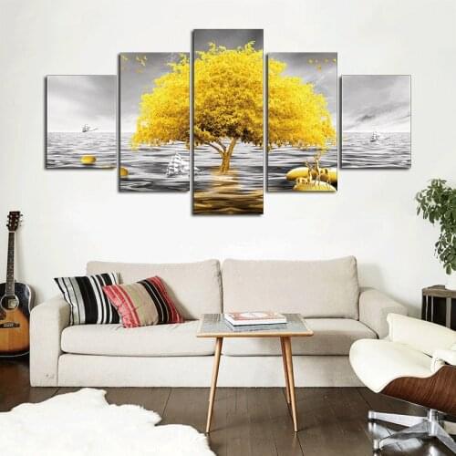 No Framed 5 Pieces Golden Tree Canvas Art Painting Prints Modern Wall Decorative Posters for Living Room Bedroom Home Decor