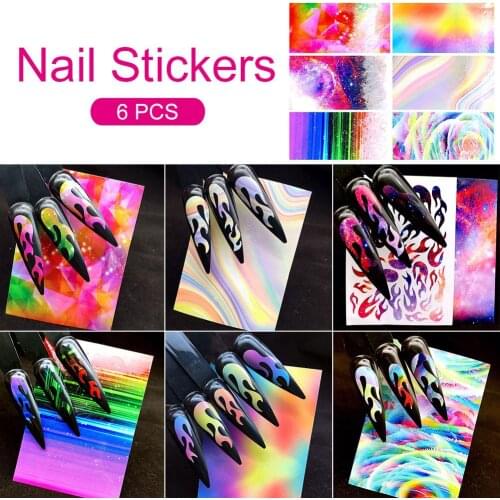 6 Pcs/Set Bling Stencil Hollow Stickers Fires On Manicure Stencil Stickers Fire Flame Nail Stickers Nail Art Fire Decals Decora