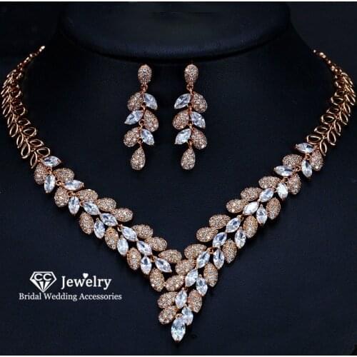 CC Wedding Bridal Jewelry Sets for Women Necklace Drop Earrings Bridesmaids Leaf Shape Party Fine Gift Silver Inlay CZ T0120