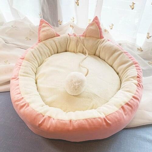Pet House Cute Cat Ears Open Mat Winter Warm Cat Dog House Plus Velvet Round Dog Cat Sleeping Bed Soft Sofa Removable Washing