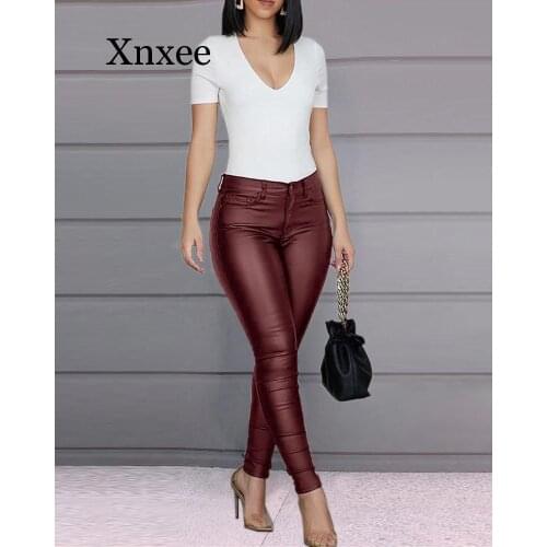 Zipper elegant slim long pants Women Faux Leather Pants Female Elastic Stretch Skinny Pencil Pant Tight Trouser