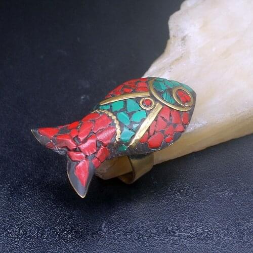 Gemstonefactory Jewelry Big Promotion Single Unique Yellow Gold Plated Coral Malachite Fish Women Men Gifts Rings 8# 20212812