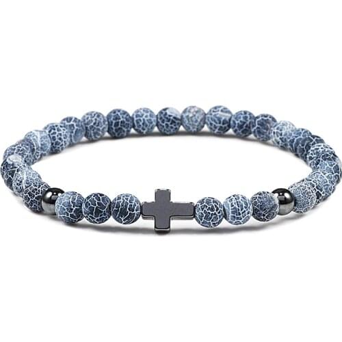 Hot Men Natural Lava Stone Wooden Beads Cross Bracelet Onyx Meditation Prayer Handmade Beaded Bracelets Wooden Yoga Jewelry Gift