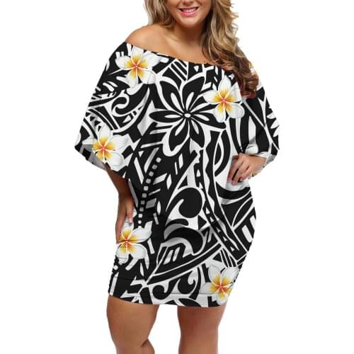 Hycool Polynesian Black Floral Sexy Women Dresses 2021 Slash Neck Women Plus Size Clothing Summer Loose Bat Sleeve Dress For Fat