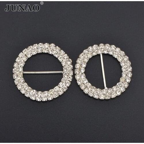 JUNAO 2pcs 40mm Large Round Silver Rhinestones Buckles Slider Metal Strass Diamond Applique for Wedding Ribbon DIY Hair Crafts