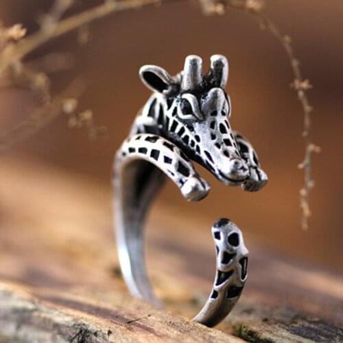 Wholesale Giraffe Ring Womens Girls Retro Burnished Animal Ring Jewelry Adjustable Wrap Ring Black Crystal 12Pcs/lot