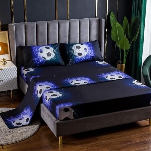 3/4pcs Queen King Size Dark Bed Sheet Set Covers Basketball Fire Print Flat Fitted Bed Sheets with Pillowcase Double Bedclothes