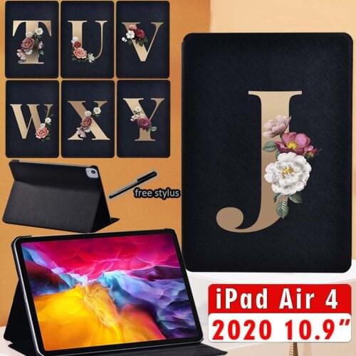 Ipad air 4 case Leather Tablet Stand Folding Cover for Apple IPad Air 4 10.9 inch 2020 Gold Initial Name Tablet Folio Case