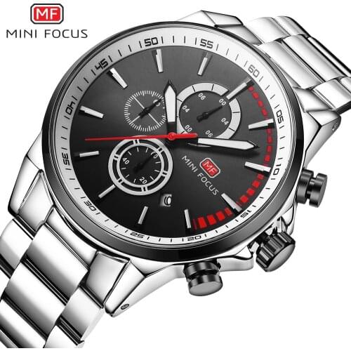 MINI FOCUS Mens Business Dress Watches Stainless Steel Luxury Waterproof Watch Chronograph Quartz Wrist Watch Men Silver Clock