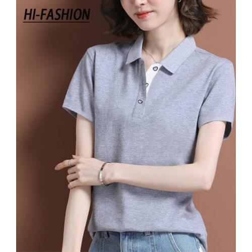 HI-FASHION Summer New Short Sleeve Golf Womens Tops Za Casual Cotton Lapel Ladies Slim Woman Shirts