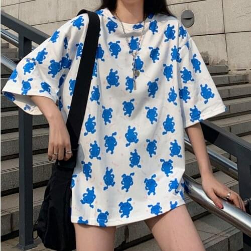 2021 summer new round neck bunny print cute short-sleeved T-shirt top loose and thin T-shirt college style