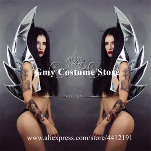 P21 Party ballroom dance stage costumes dj singer perform dress silver mirror backplane disco wears armor outfits ds shoulder dj