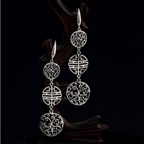 Real 925 Sterling Silver Hollow Pattern National Style Shuangxi Womens Long Earrings Exquisite Commemorative Jewelry
