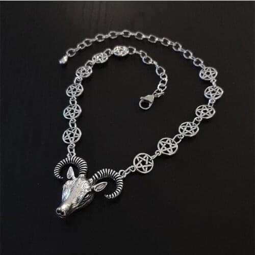 Goat Head Choker Necklace, Ram and Pentagram Chain Necklace, Baphomet Necklace,Gothic Wicca,Satanic Occult, Witchy Goat Necklace