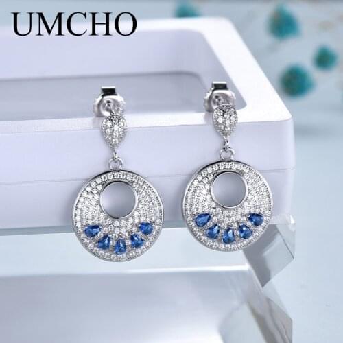 UMCHO Solid Silver 925 Jewelry Round Sky Blue Topaz Clip Earrings For Women Birthday Gifts Charms Fine Jewelry