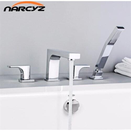 Shower Faucet Chrome Bathtub Faucet Set 5 Holes Widespread Tub Mixer Bathroom Goose Neck Bath Shower Set with Hand shower XR8255