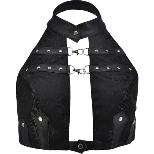 Black Rivet Leather & Brocade Halter Neck Backless Short Sexy Vintage Top Cool Steampunk Accessories Women Rock Gothic Clothing