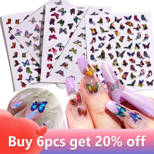 1Sheet Laser Color Butterfly Nail Art Stickers Holographic 3D Gradient Butterflies Adhesive Nail Decals DIY Manicure Decorations