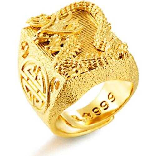 24k Gold Dragon Ring for Man Vietnamese Sand Gold Luxury Adjustable Ring Jewelry Male Wedding Birthday Fine Jewelry Gifts