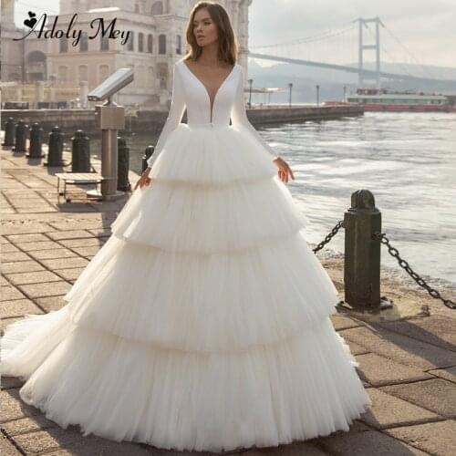 Adoly Mey Glamorous Tiered Tulle Sweep Train A-Line Wedding Dress 2021 Elegant V-Neck Long Sleeve Vintage Bride Gown Plus Size