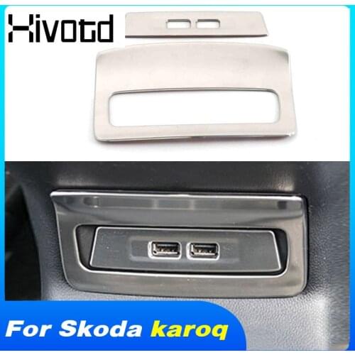 For Skoda Karoq 2018-2020 Accessories Interior Armrest Rear Row Middle USB Socket Cover Frame Trim Stainless Steel USB Panel