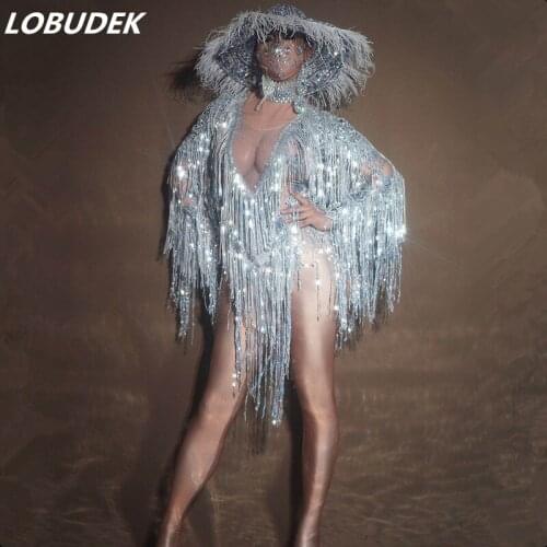 Shiny Sequin Silver Tassel Bodysuit DJ Nightclub Bar Women Singer Dancer Sexy Dance Leotard Party Show Stage Performance Costume