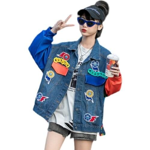 Spring Autumn Womens Denim Jacket Patchwork Cartoon Casual Female Blue Jeans Coats Loose Spliced Fashion Slimfit Coats Y726