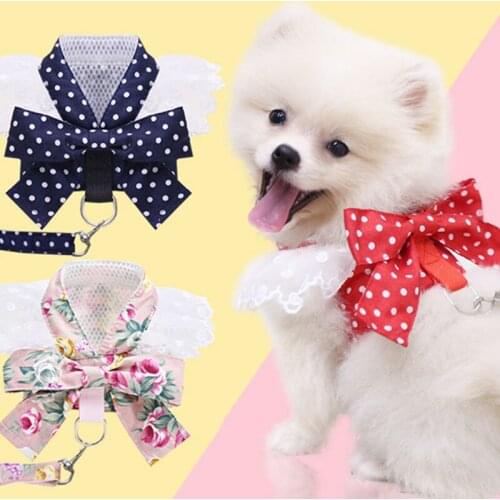 Bow Tie Chest Harness Leash Set Dot Design Pet Dress Pink Flower Print Latest Fashion Pet Harness Leash Design