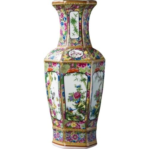 Famille Rose Vase Jingdezhen Ceramic Enamel Vase Antique Imitation Qianlong Living Room Shelf Porch Decoration