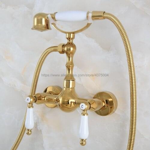 Gold Color Brass Bathroom Shower Faucet Mixer Tap With Hand Shower Head Shower Faucet Set Wall Mounted Nna834