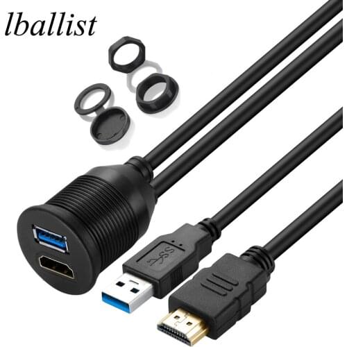 Lballist USB Flush Mount Panel Dashboard Cable USB 2.0 USB 3.0+HDMI Compatible Extension Cable Male to Female for Car 1m 2m