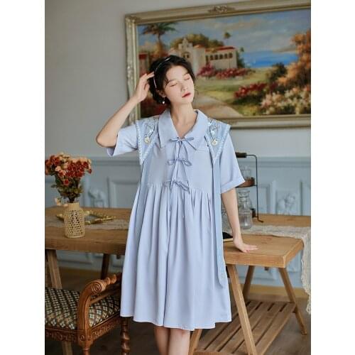 Summer Preppy Style OL Suit Bird Language Floral Embroidery Retro Shawl+Bow Cute V-neck Blue Dress Sweet Kawaii Set