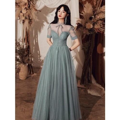 Lllusion High Collar with Sequin Evening Dress Fairy Dream Prom Dress Can Usually Wear Banquet Engagement Birthday Dress A124