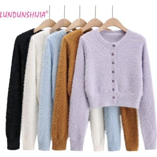 LUNDUNSHIJIA 2020 European Style Autumn Women Short Style Sweater Long Sleeve Knitting Outerwear Female Mohair Cardigans Top