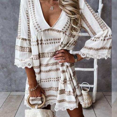 Bohemian Printed Mini Dress V-neck Casual Lace Fashion Beach Dresses 2021 Summer Elegant Flare Sleeve Patchwork Loose Dress